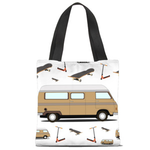 Tas Tote Fullprint minibus klasik, skateboard dan scooter