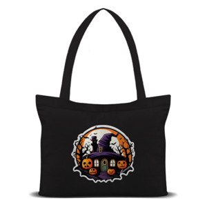 Tas Tote Halloween Rumah Sihir Ungu Pumpkin Oranye