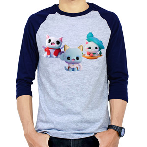 Kaos Raglan Kaos Kucing Lucu Bertiga Putih Kartun