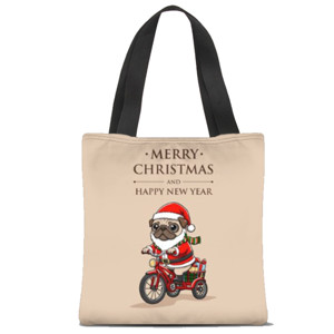 Tas Tote Fullprint Totebag Pug Santa Riding Bike