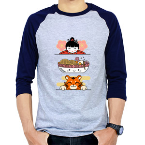 Kaos Raglan Kaos Desain Tema Kawai - Mie Ramen - Kucing Lucu 