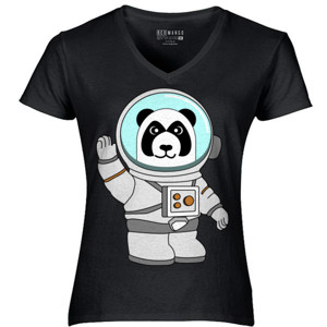 Kaos panda dengan baju astronot melambaikan tangan