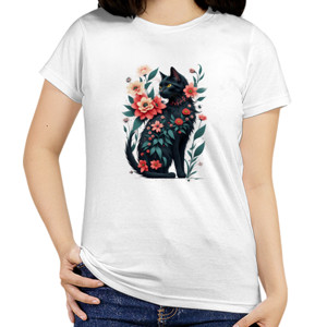 Kaos black cat flowers