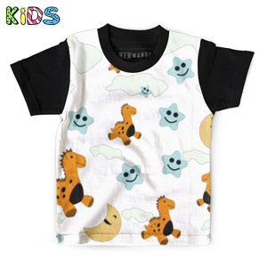 Kaos Anak Full-Print pola dinosaurus, bulan, dan bintang