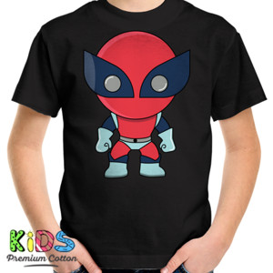 Kaos pahlawan dengan kostum merah dan biru