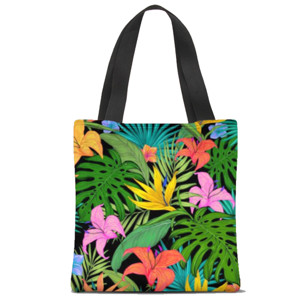Tas Tote Fullprint Daun dan bunga warna-warni 