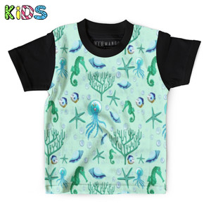 Kaos Anak Full-Print Binatang laut, Kuda laut dan Gurita pattern