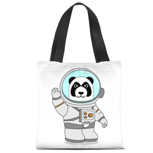 Tas Tote Fullprint panda dengan baju astronot melambaikan tangan