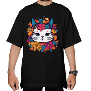 Kaos Oversize Kaos Wanita desain kucing dengan bunga