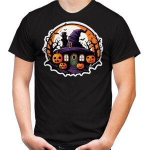 Kaos Halloween Pria Rumah Sihir Ungu Pumpkin Oranye