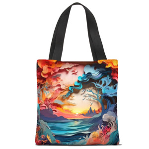 Tas Tote Fullprint Colorful dreamscape with trees and a sunset