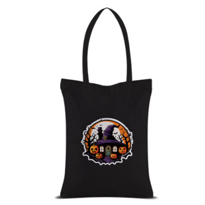 Tas Tote Halloween Rumah Sihir Ungu Pumpkin Oranye Vertikal