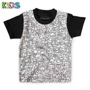 Kaos Anak Full-Print Doodle Wajah Kartun Abstrak