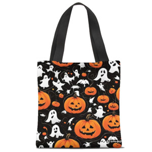 Tas Tote Fullprint Halloween Pumpkin Labu Hantu Oranye