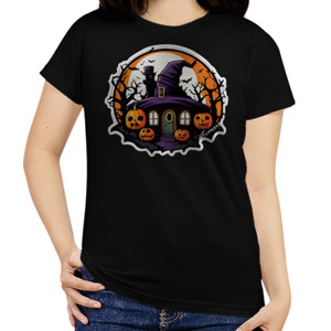 Kaos Halloween Wanita Rumah Sihir Ungu Pumpkin Oranye