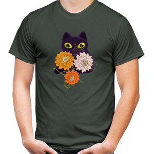 Kaos Black cat with flowers