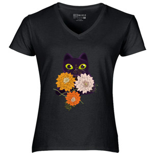 Kaos Black cat with flowers