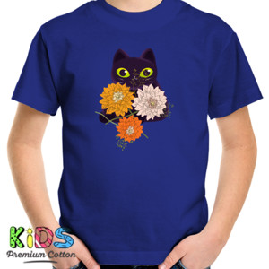Kaos Black cat with flowers