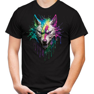 Kaos Pria Wolf Splash Paint Green Pink